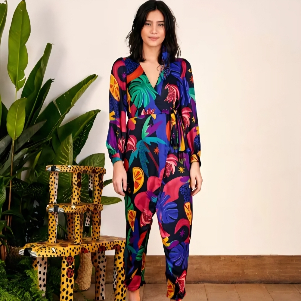 FARM Rio Multicolor Wrap Jumpsuit Split Leg Beaded Tassel Sleeve Womens Size XS